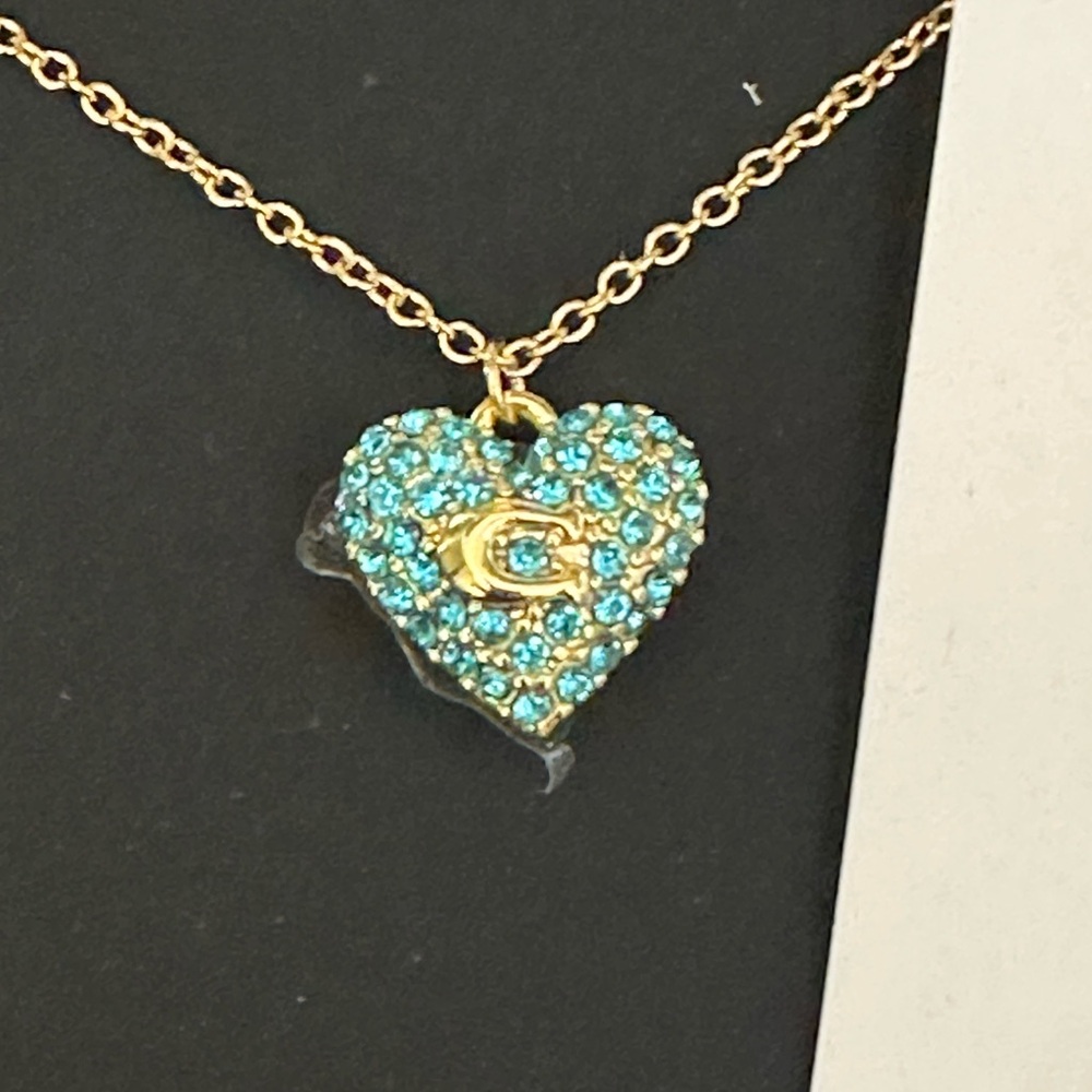 Coach Blue Pave Crystal Signature C Puffed Heart Necklace NWT - Picture 3 of 8